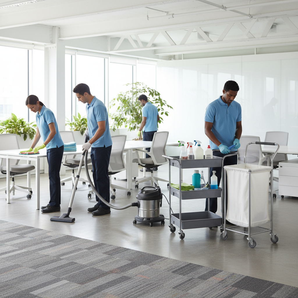 Professional cleaning staff working in a modern office