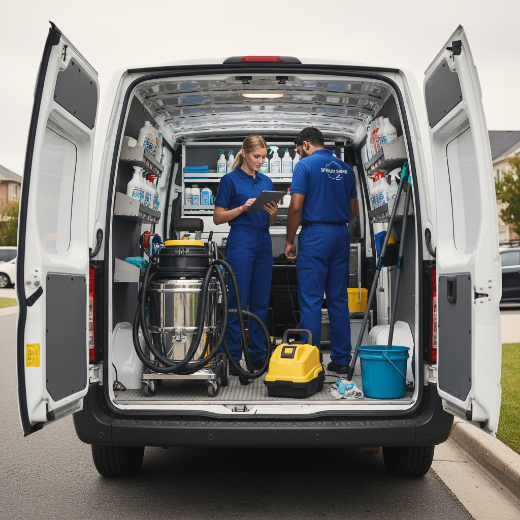 Crew preparing cleaning equipment