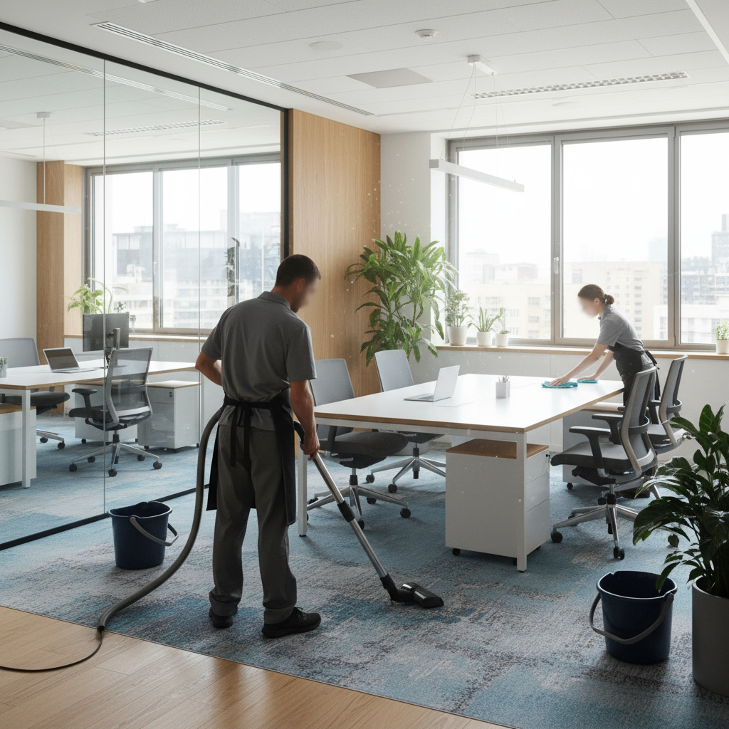 Office interior being cleaned by a professional