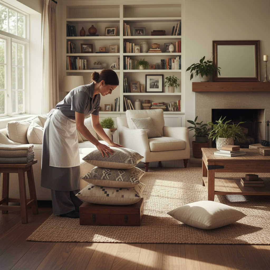 Residential living room being tidied