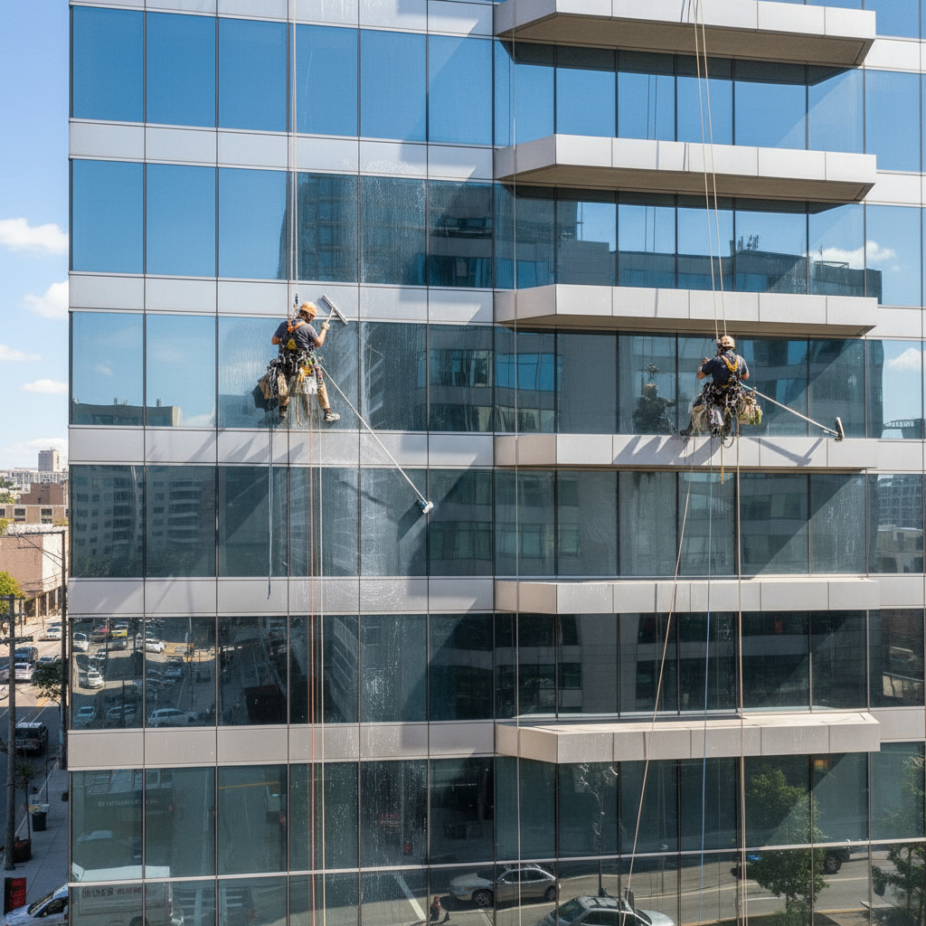 Exterior façade window cleaning on a mid-rise building