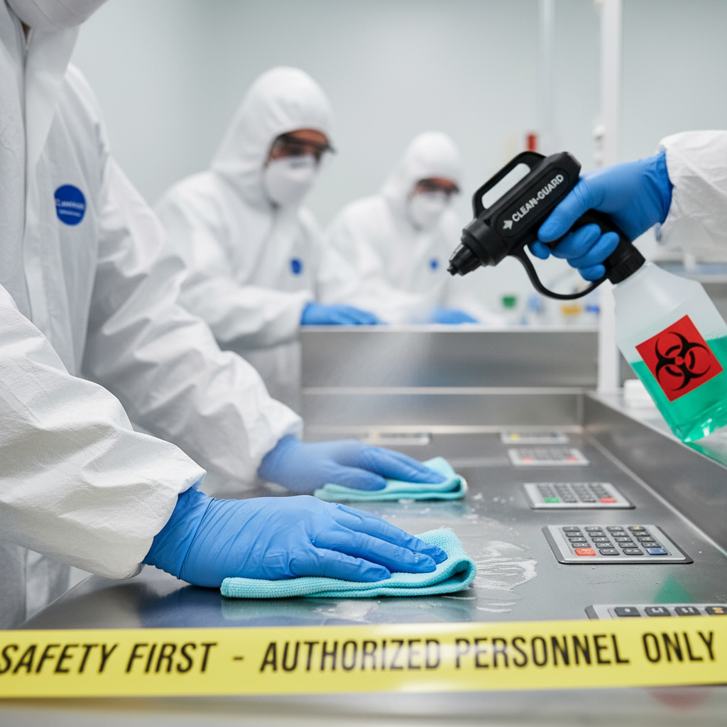 Cleaning staff using protective gloves and equipment